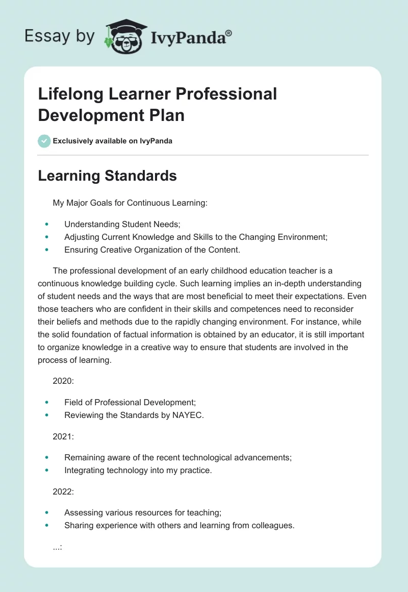 Lifelong Learner Professional Development Plan. Page 1