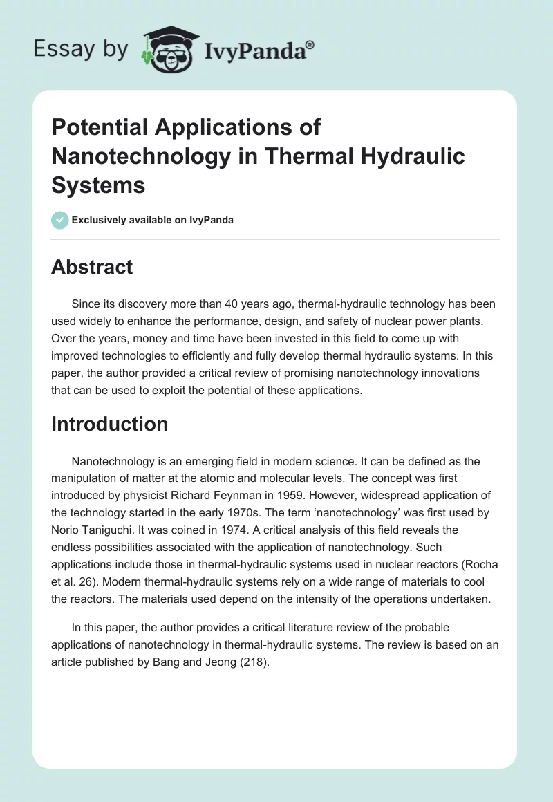 Potential Applications of Nanotechnology in Thermal Hydraulic Systems. Page 1