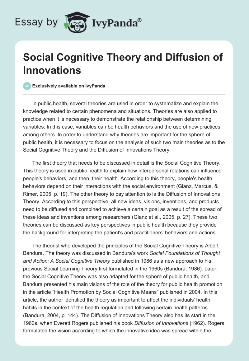 Social Cognitive Theory and Diffusion of Innovations. Page 1