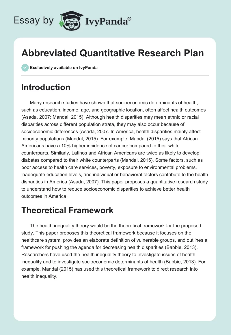 Abbreviated Quantitative Research Plan. Page 1