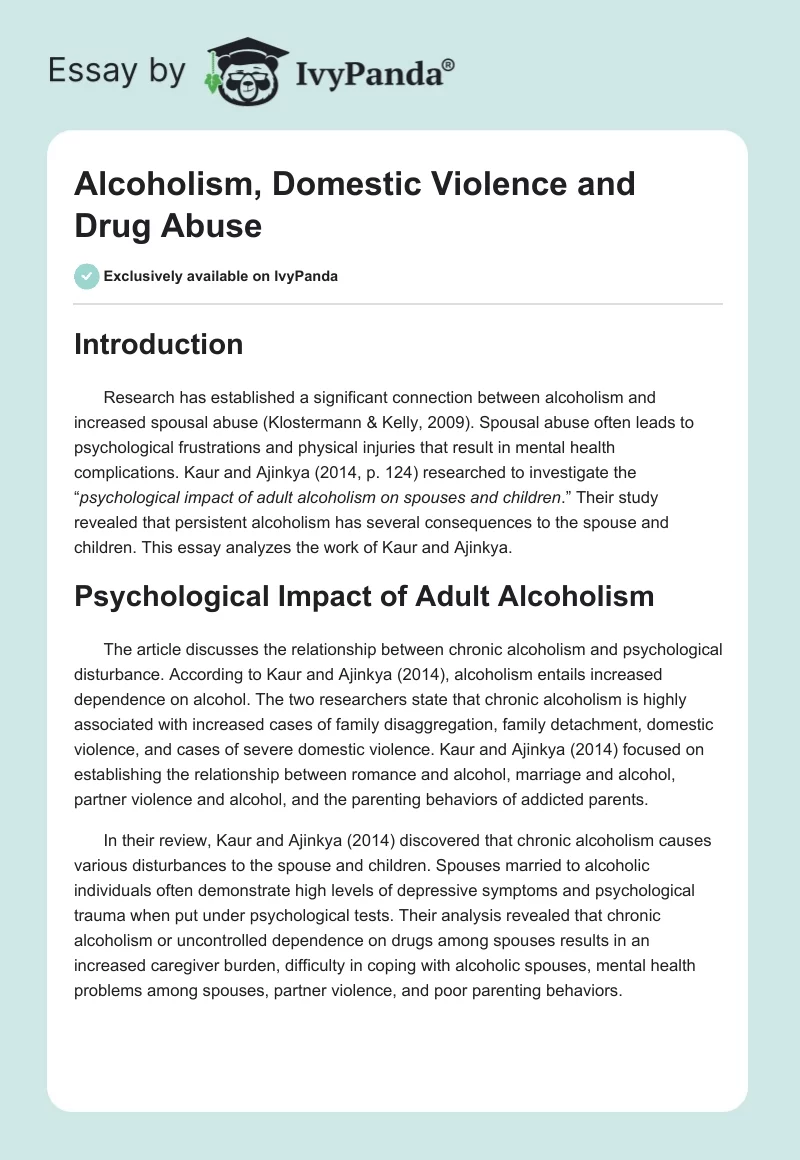 Alcoholism, Domestic Violence and Drug Abuse. Page 1