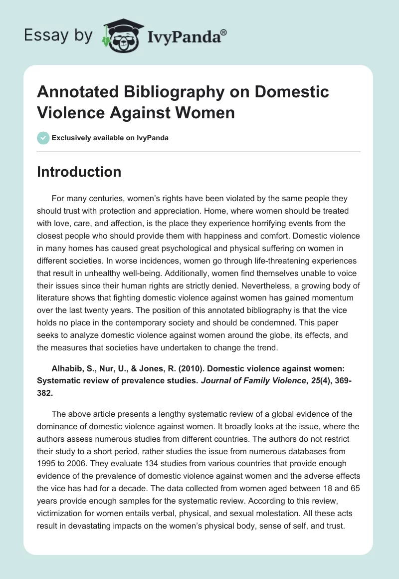 Annotated Bibliography on Domestic Violence Against Women. Page 1