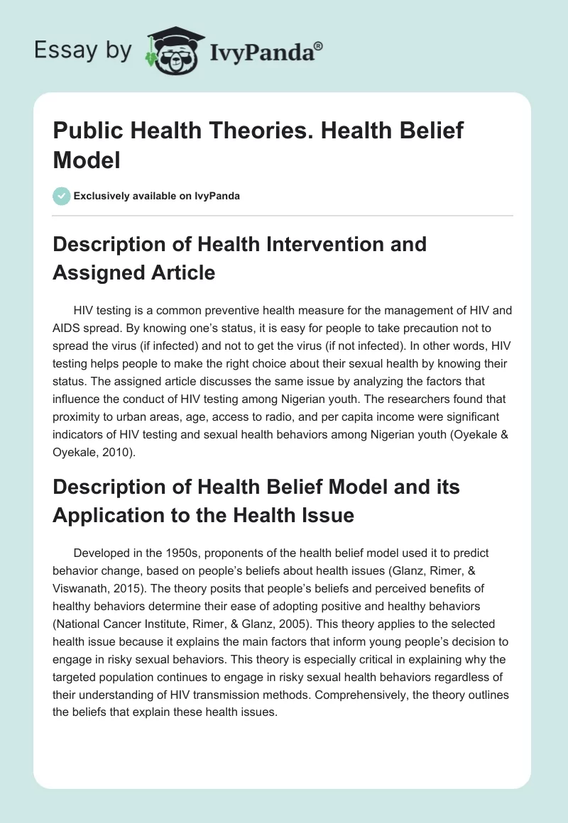 Public Health Theories. Health Belief Model. Page 1