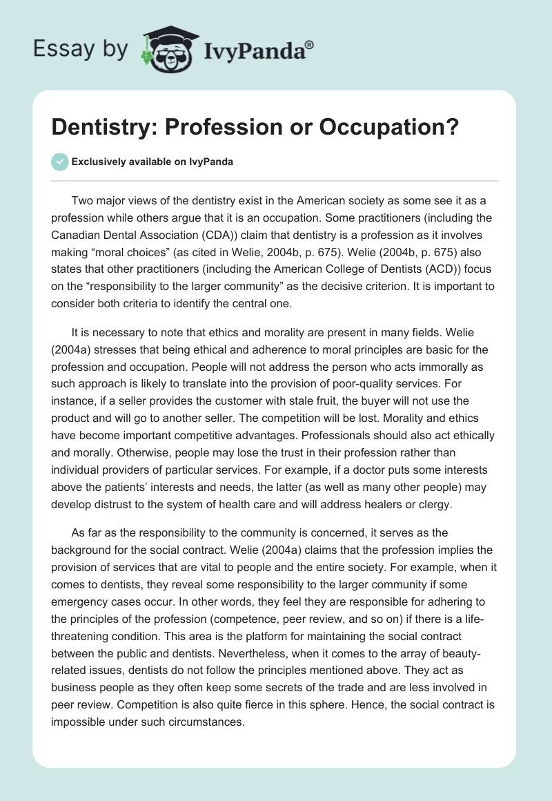 Dentistry: Profession or Occupation?. Page 1