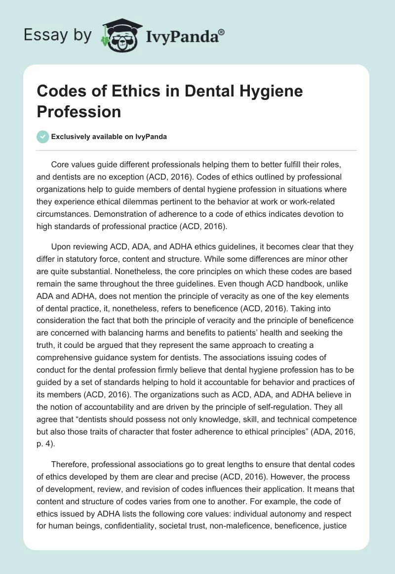 Codes of Ethics in Dental Hygiene Profession. Page 1