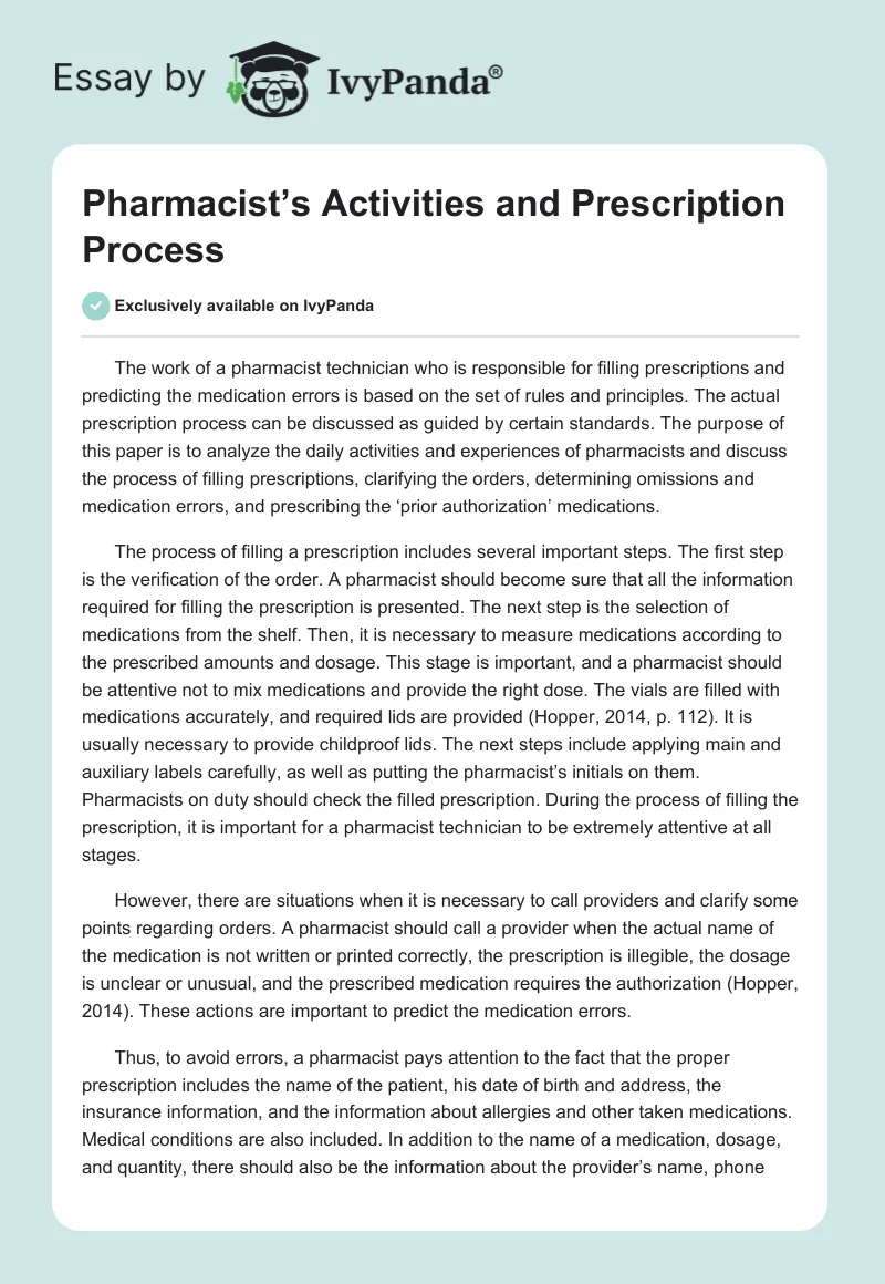 Pharmacist’s Activities and Prescription Process. Page 1
