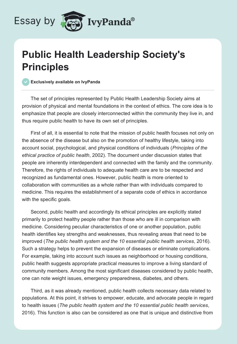 Public Health Leadership Society's Principles. Page 1