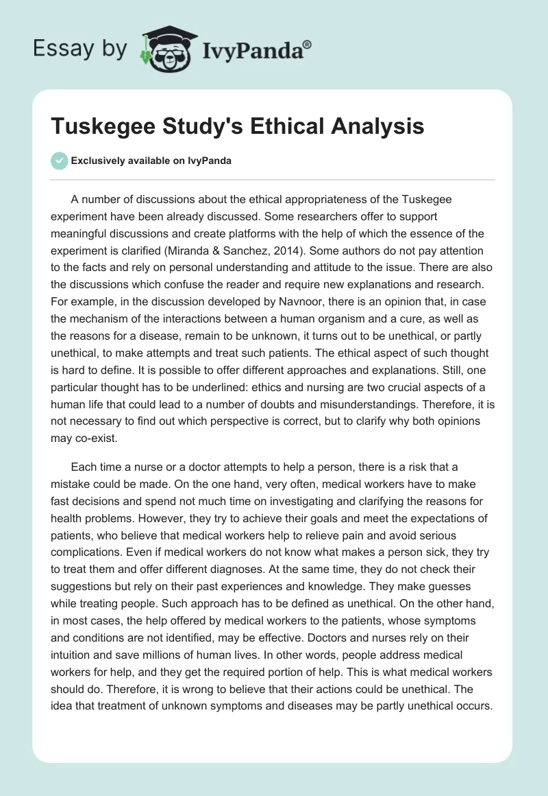 Tuskegee Study's Ethical Analysis. Page 1