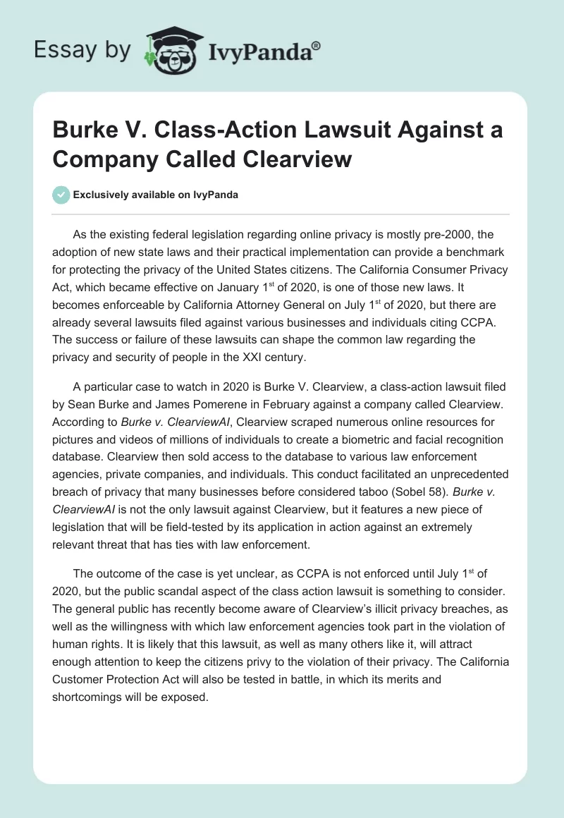 Burke V. Class-Action Lawsuit Against a Company Called Clearview. Page 1