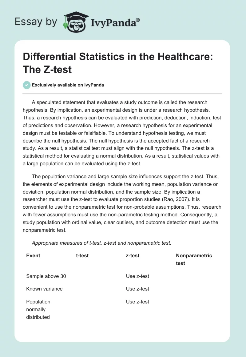 Differential Statistics in the Healthcare: The Z-test. Page 1