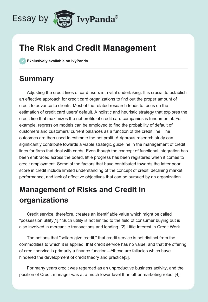 The Risk and Credit Management. Page 1