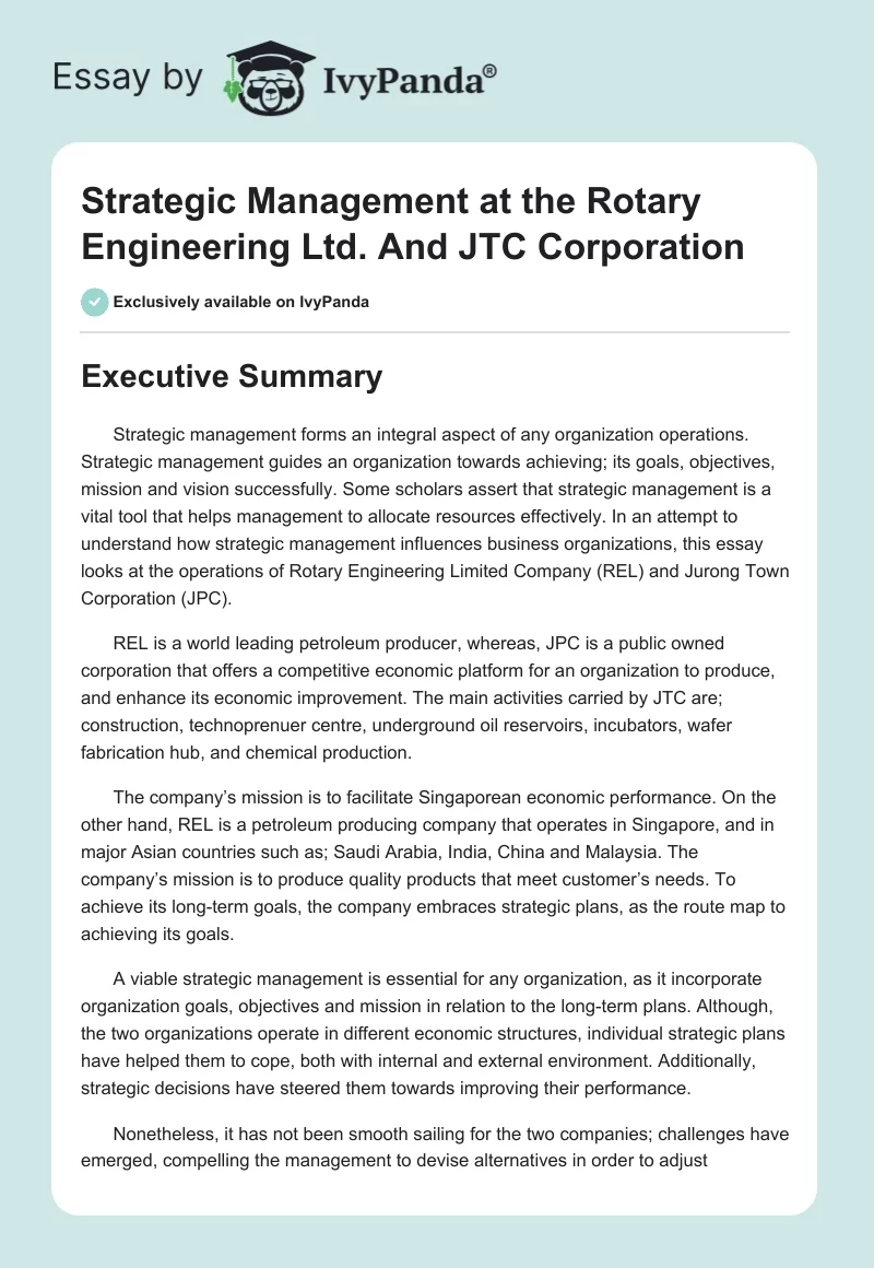 Strategic Management at the Rotary Engineering Ltd. And JTC Corporation. Page 1