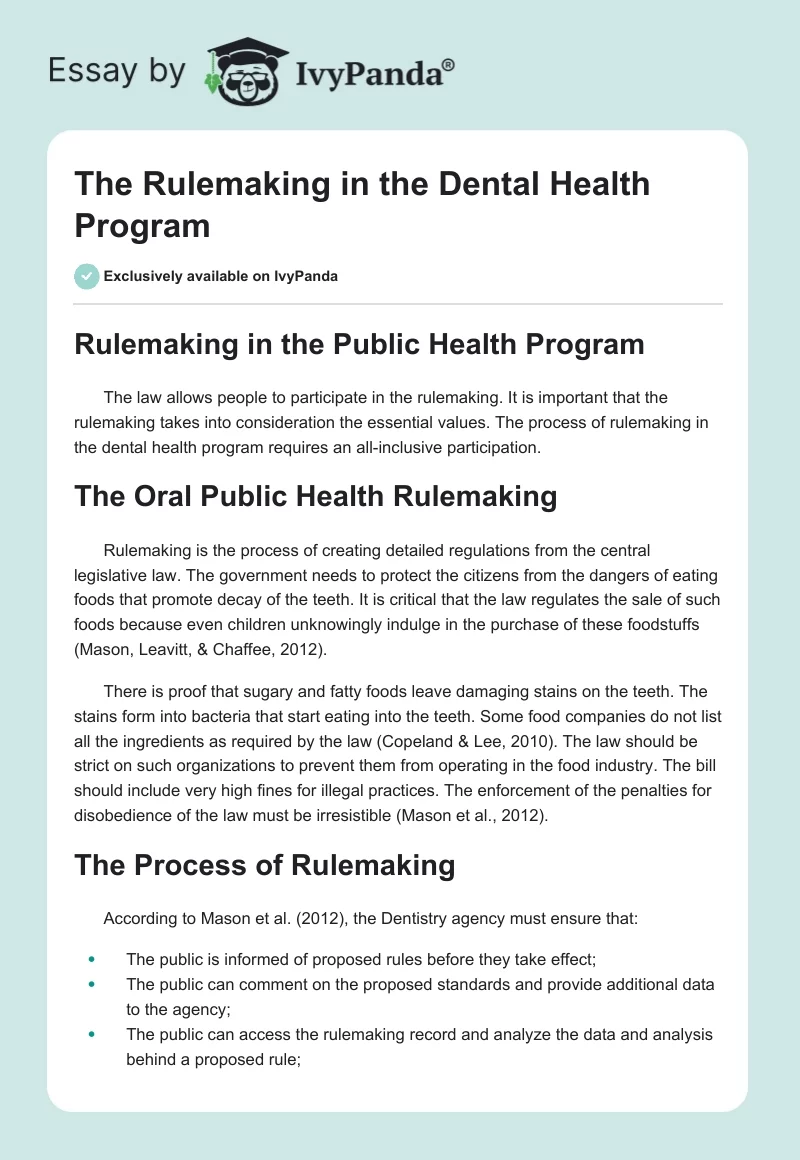 The Rulemaking in the Dental Health Program. Page 1