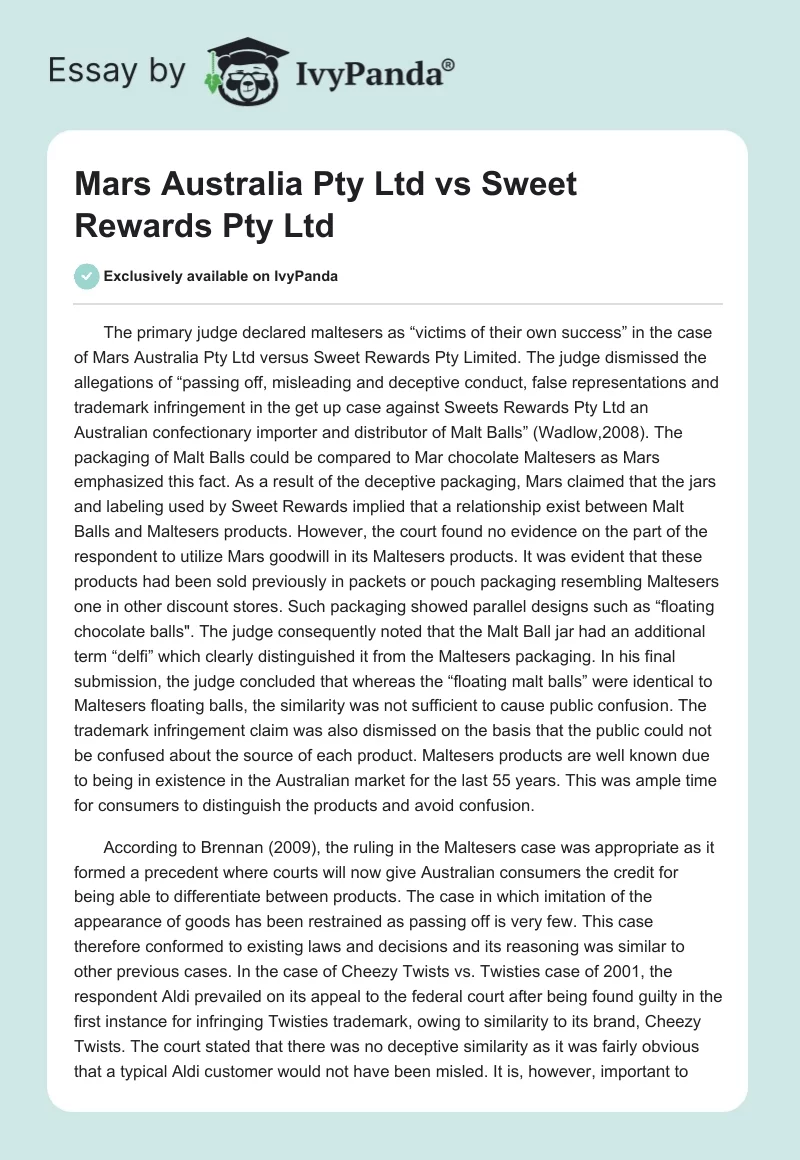 Mars Australia Pty Ltd vs Sweet Rewards Pty Ltd. Page 1