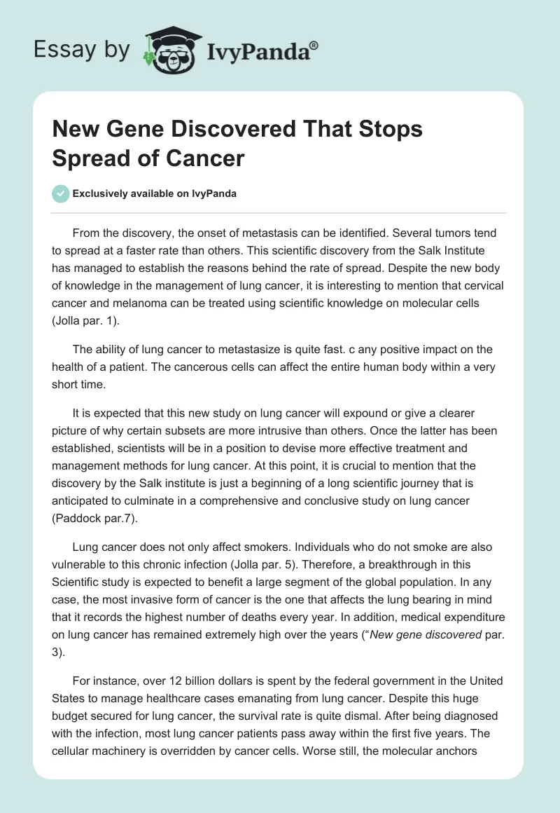 New Gene Discovered That Stops Spread of Cancer. Page 1