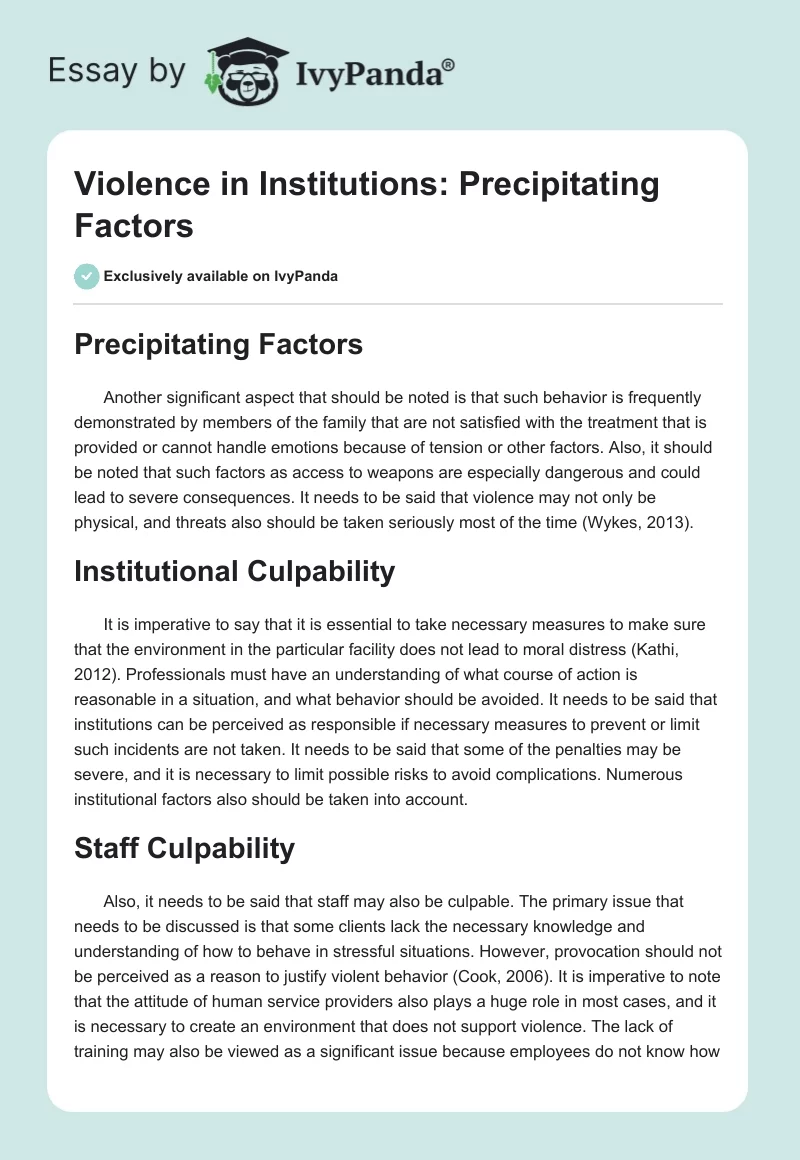 Violence in Institutions: Precipitating Factors. Page 1
