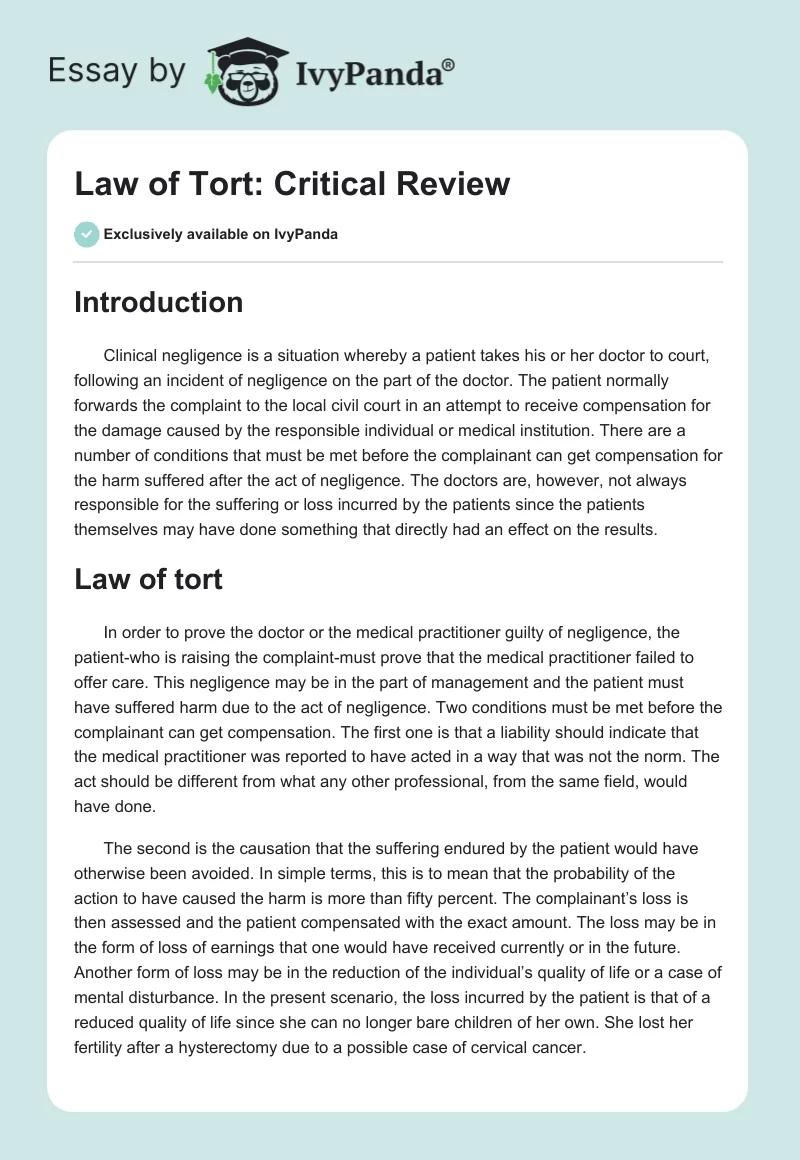 Law of Tort: Critical Review. Page 1