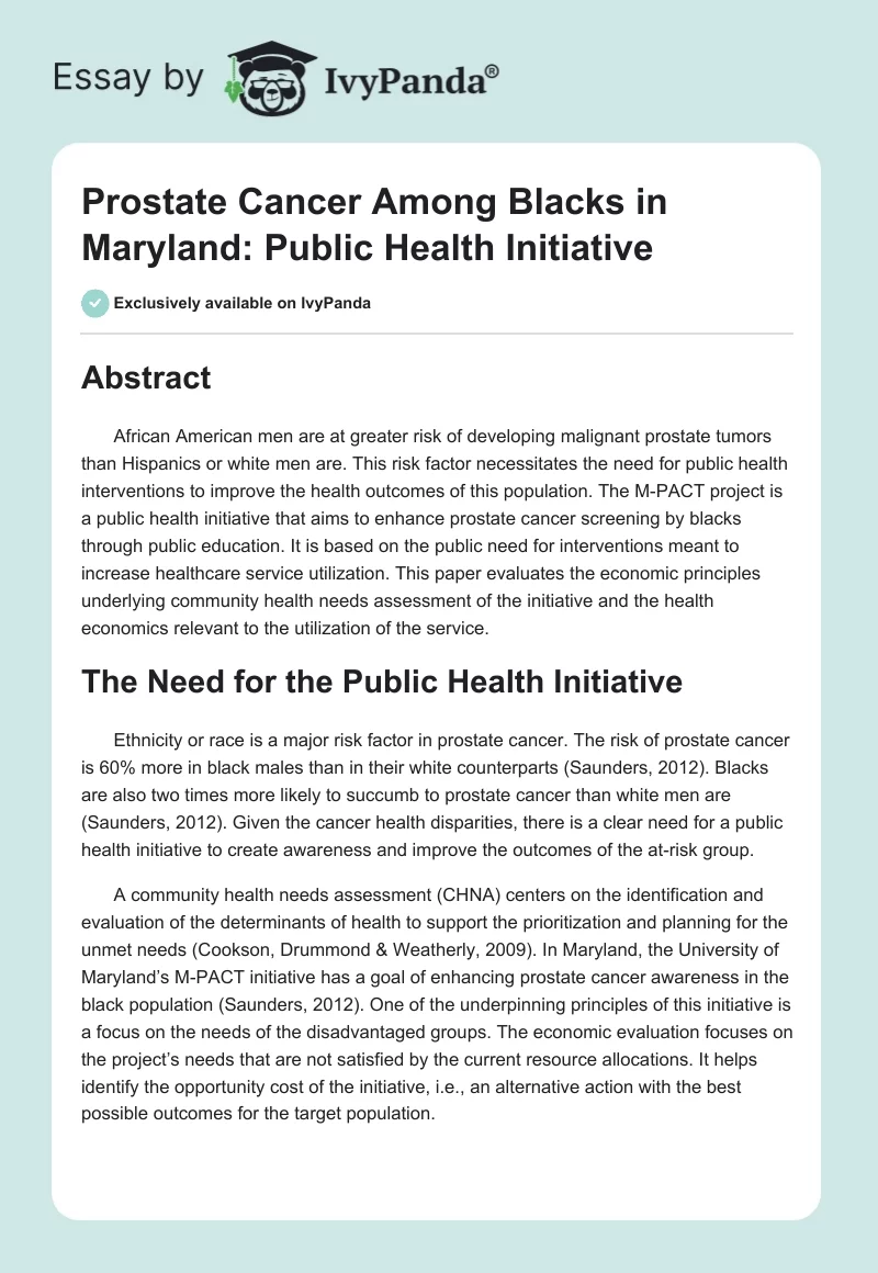 Prostate Cancer Among Blacks in Maryland: Public Health Initiative. Page 1