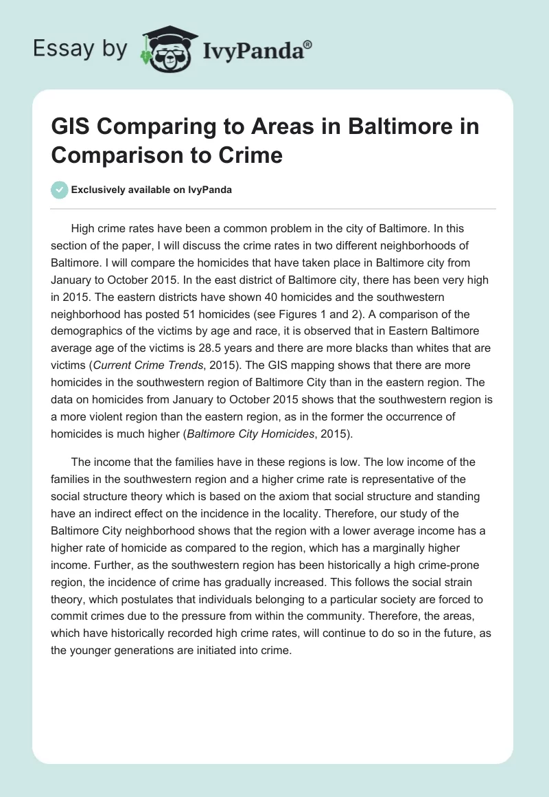 GIS Comparing to Areas in Baltimore in Comparison to Crime. Page 1