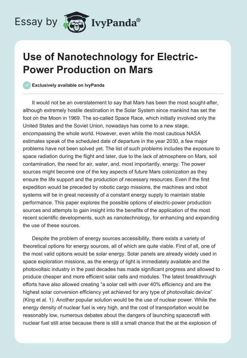 Use of Nanotechnology for Electric-Power Production on Mars. Page 1
