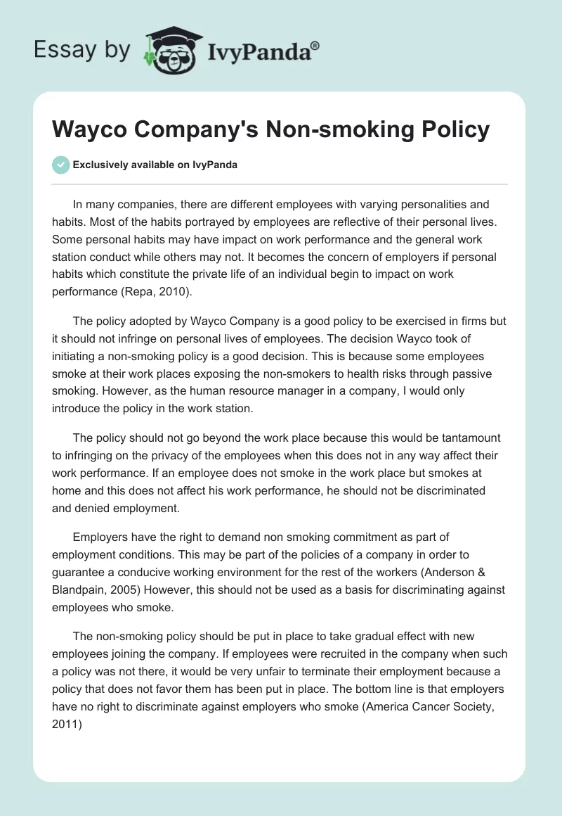 Wayco Company's Non-smoking Policy. Page 1