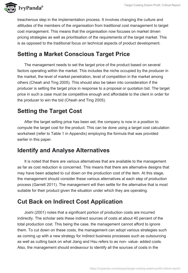 Target Costing Extent Profit: Critical Report. Page 5