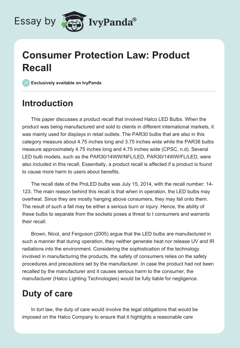 Consumer Protection Law: Product Recall. Page 1