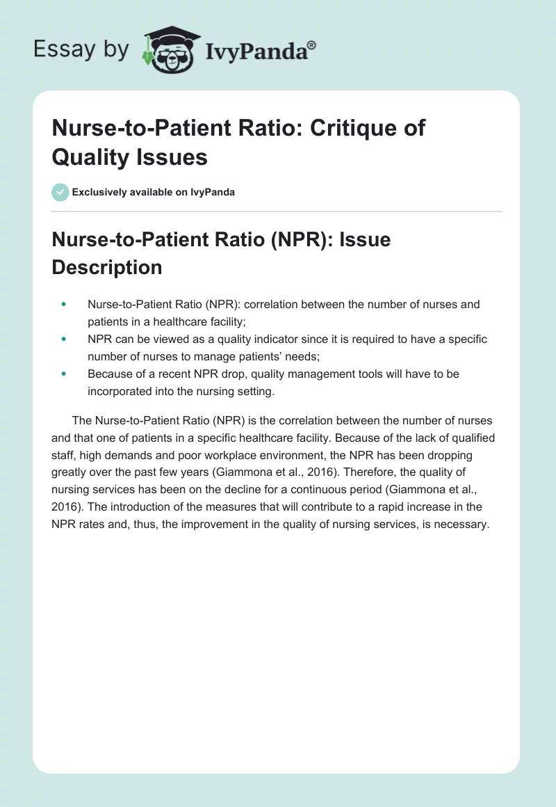 Nurse-to-Patient Ratio: Critique of Quality Issues. Page 1