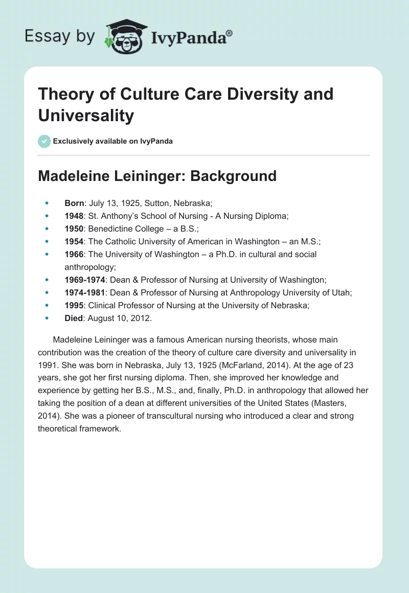 Theory of Culture Care Diversity and Universality. Page 1