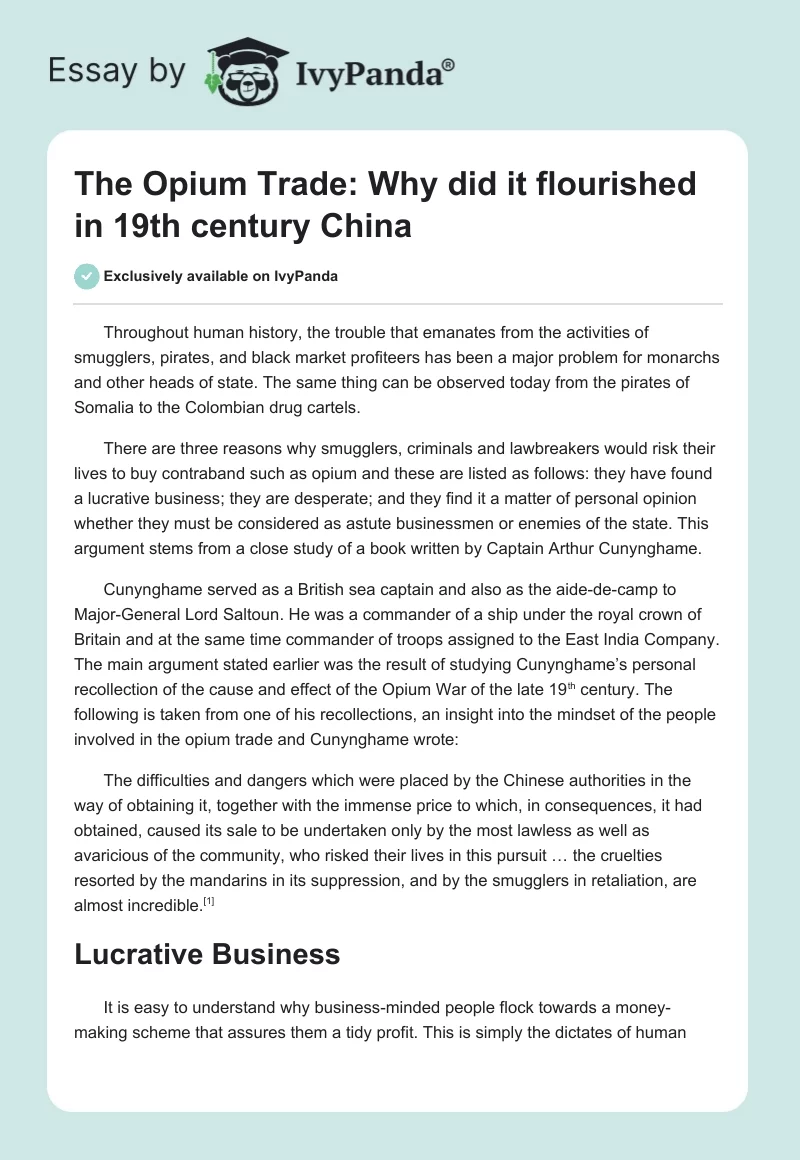 The Opium Trade: Why Did It Flourished in 19th Century China. Page 1