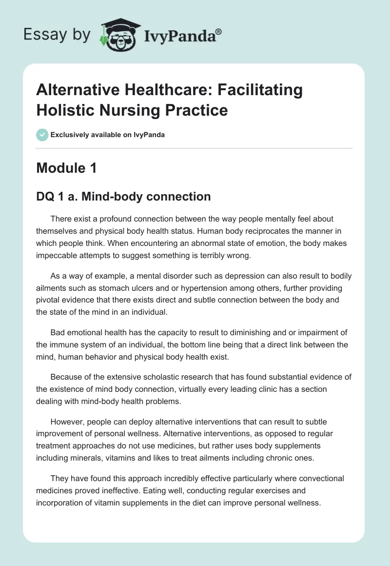 Alternative Healthcare: Facilitating Holistic Nursing Practice. Page 1