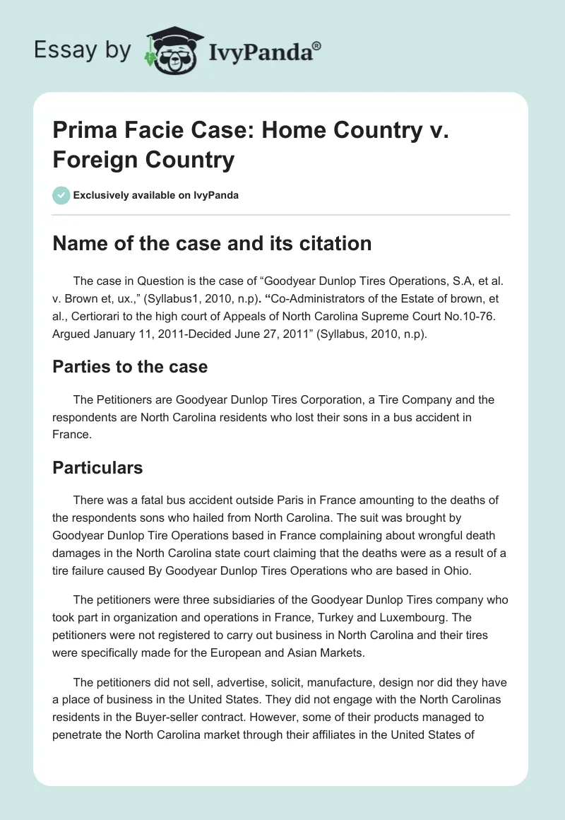 Prima Facie Case: Home Country vs. Foreign Country. Page 1