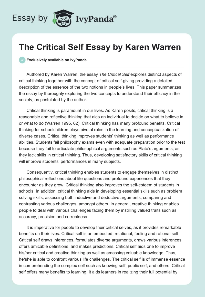 "The Critical Self" Essay by Karen Warren. Page 1