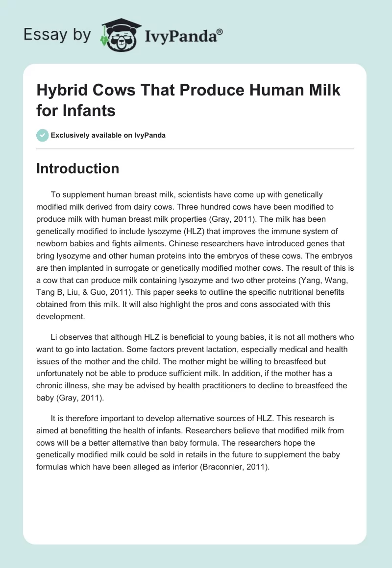 Hybrid Cows That Produce Human Milk for Infants. Page 1