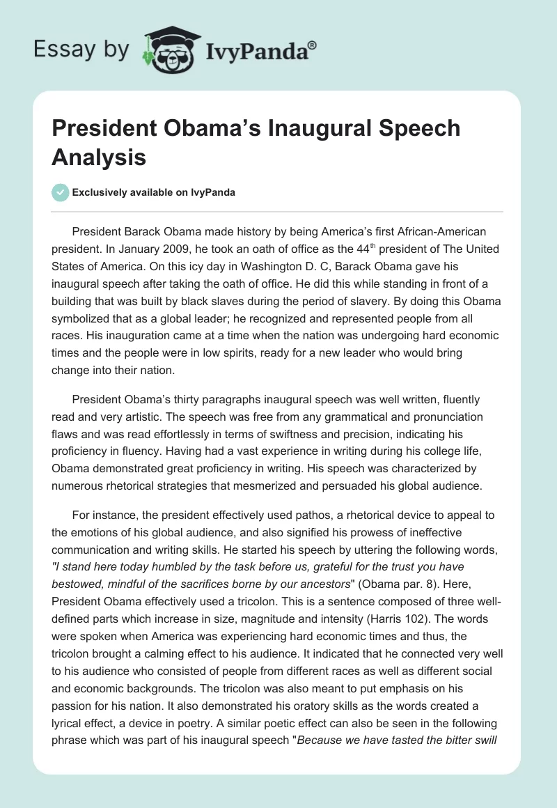 President Obama’s Inaugural Speech Analysis. Page 1