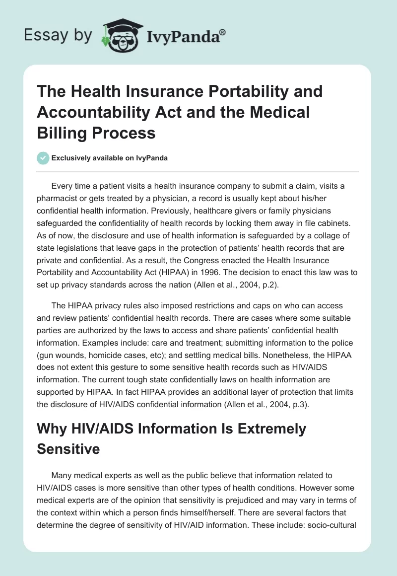 The Health Insurance Portability and Accountability Act and the Medical Billing Process. Page 1