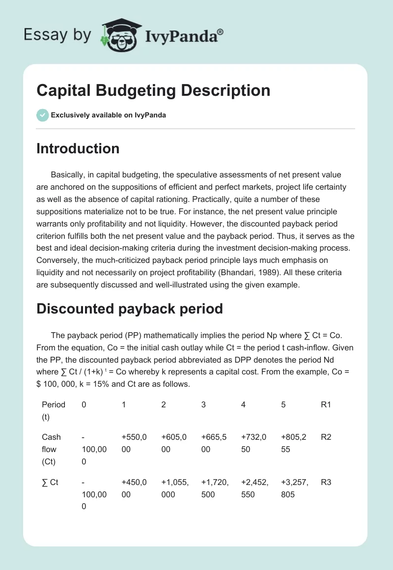 Capital Budgeting Description. Page 1