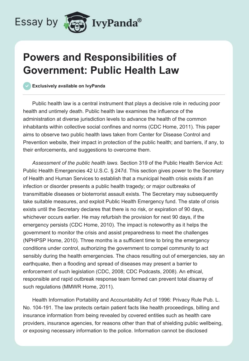 Powers and Responsibilities of Government: Public Health Law. Page 1