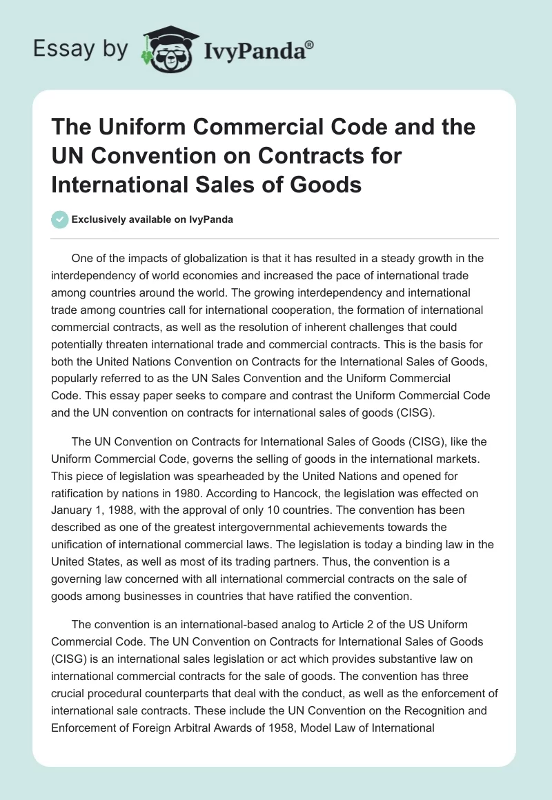 The Uniform Commercial Code and the UN Convention on Contracts for International Sales of Goods. Page 1