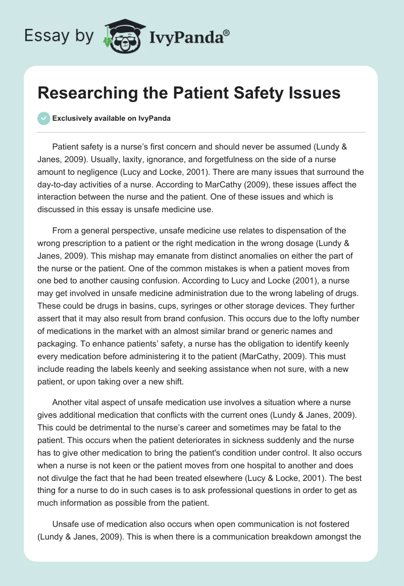 Researching the Patient Safety Issues. Page 1
