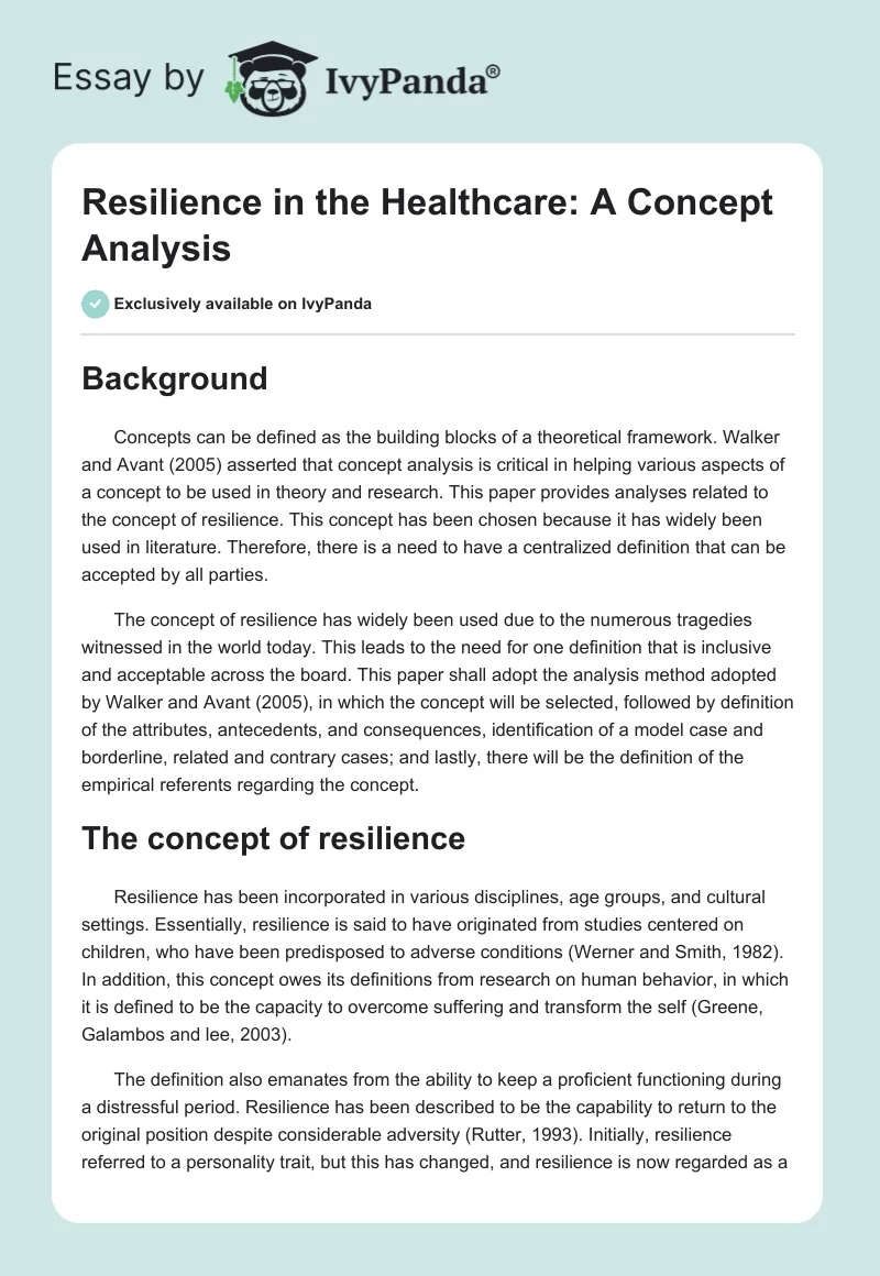 Resilience in the Healthcare: A Concept Analysis. Page 1