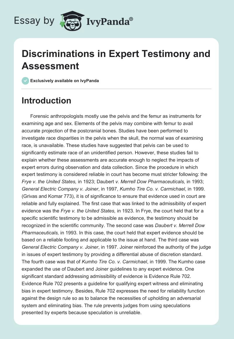 Discriminations in Expert Testimony and Assessment. Page 1
