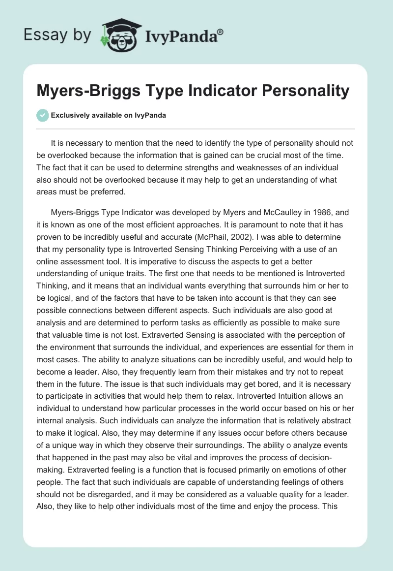 Myers-Briggs Type Indicator Personality. Page 1