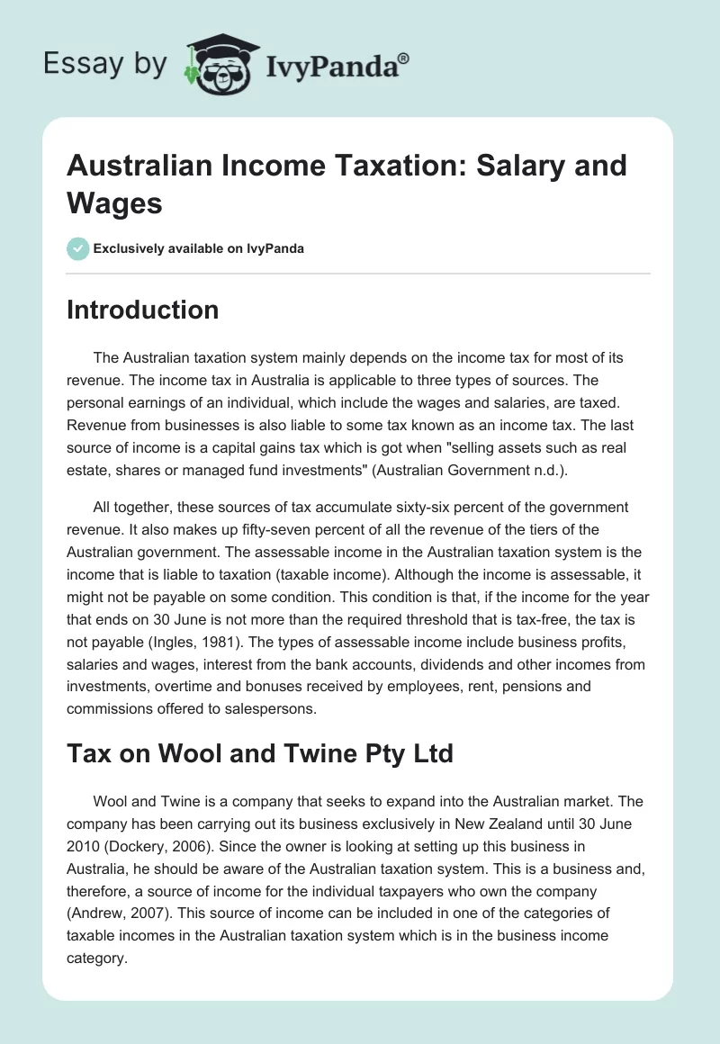 Australian Income Taxation: Salary and Wages. Page 1