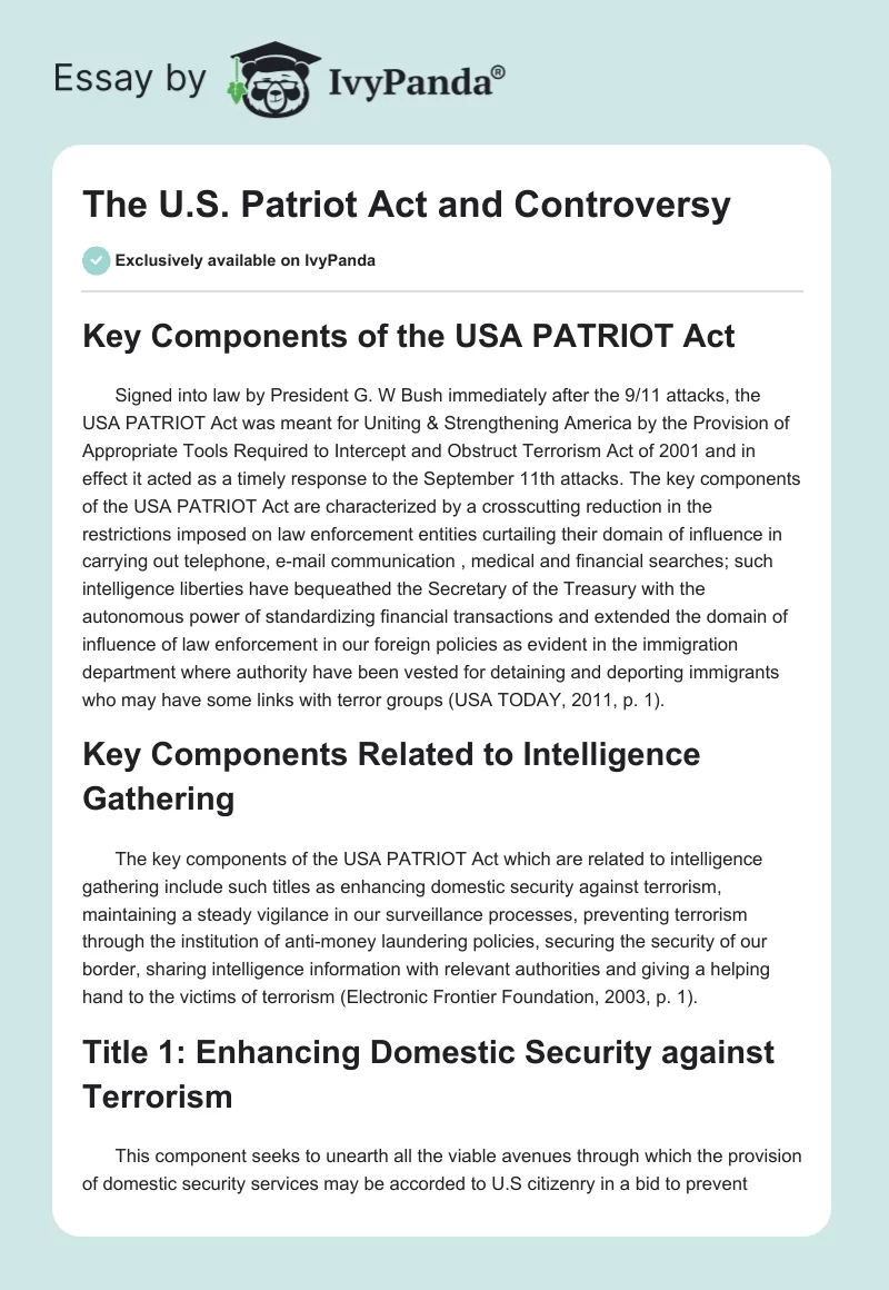 The U.S. Patriot Act and Controversy. Page 1