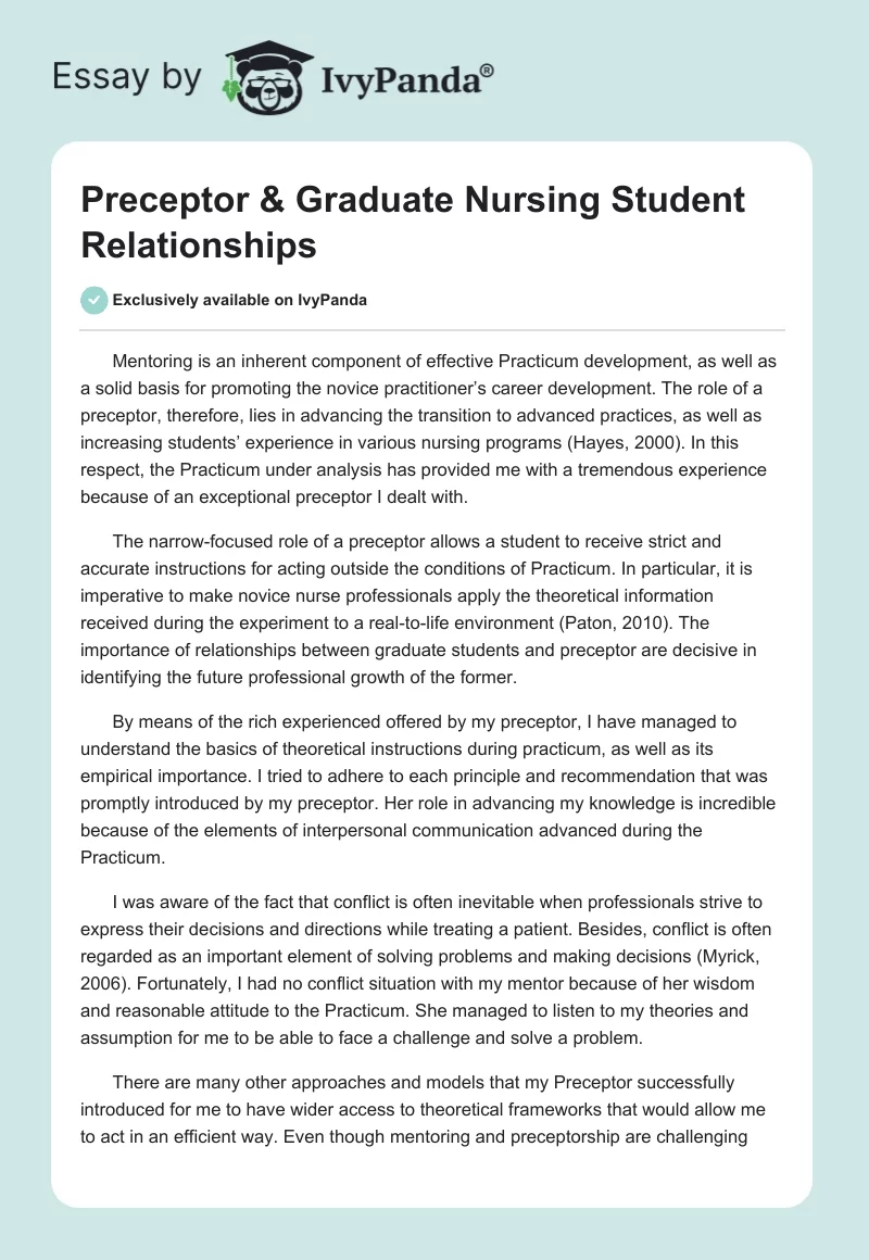 Preceptor & Graduate Nursing Student Relationships. Page 1
