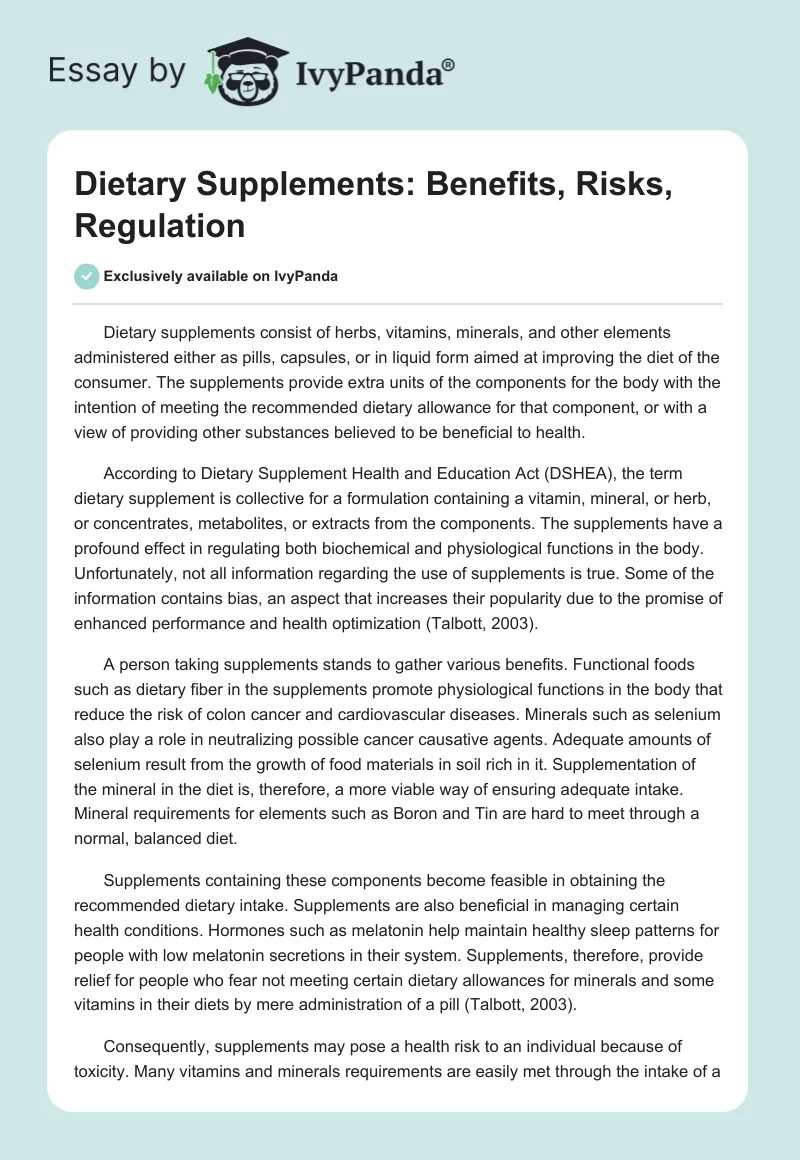 Dietary Supplements: Benefits, Risks, Regulation. Page 1