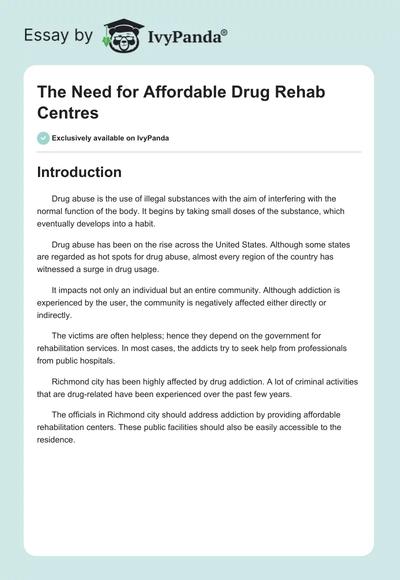The Need for Affordable Drug Rehab Centres. Page 1
