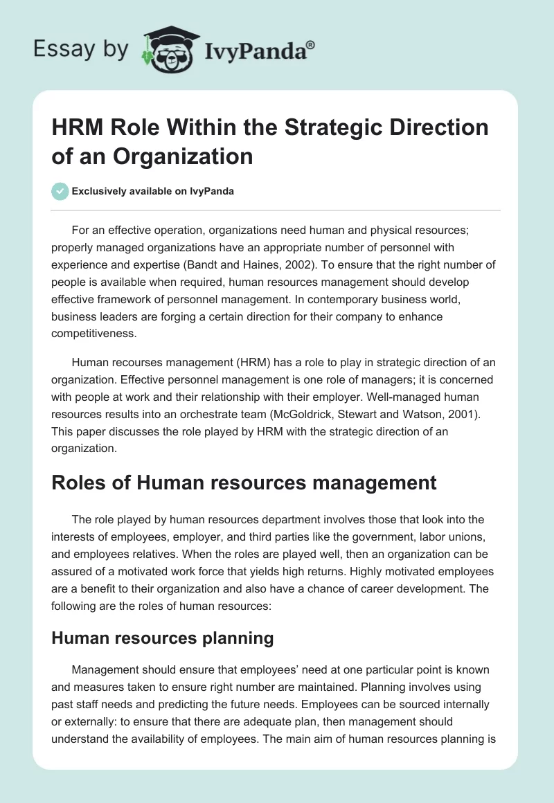 HRM Role Within the Strategic Direction of an Organization. Page 1