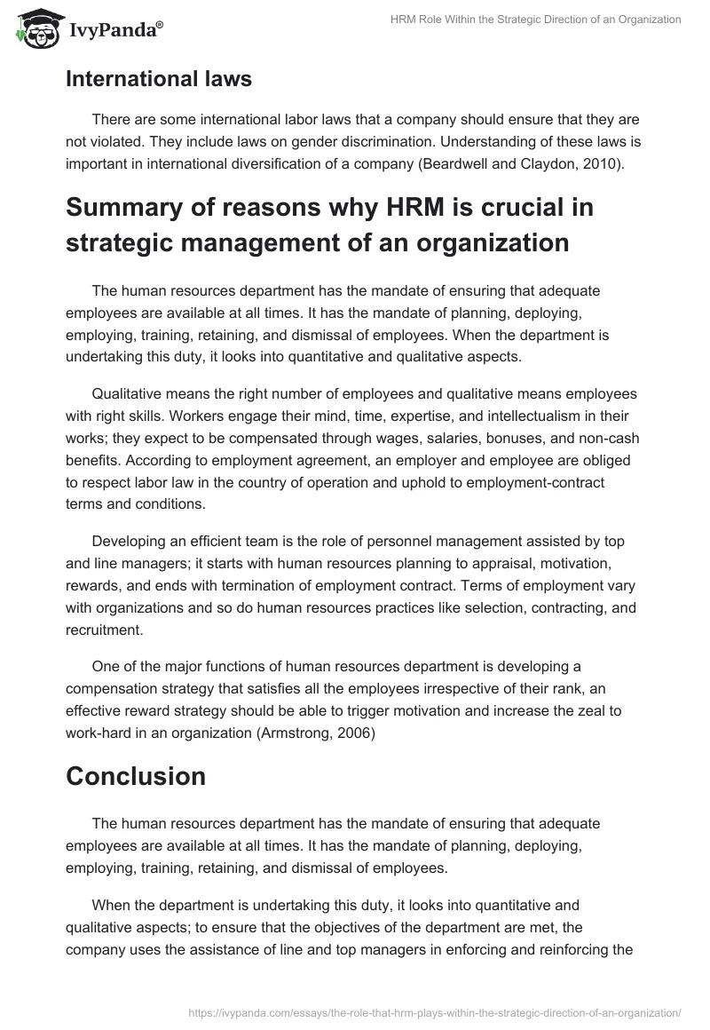 HRM Role Within the Strategic Direction of an Organization. Page 5